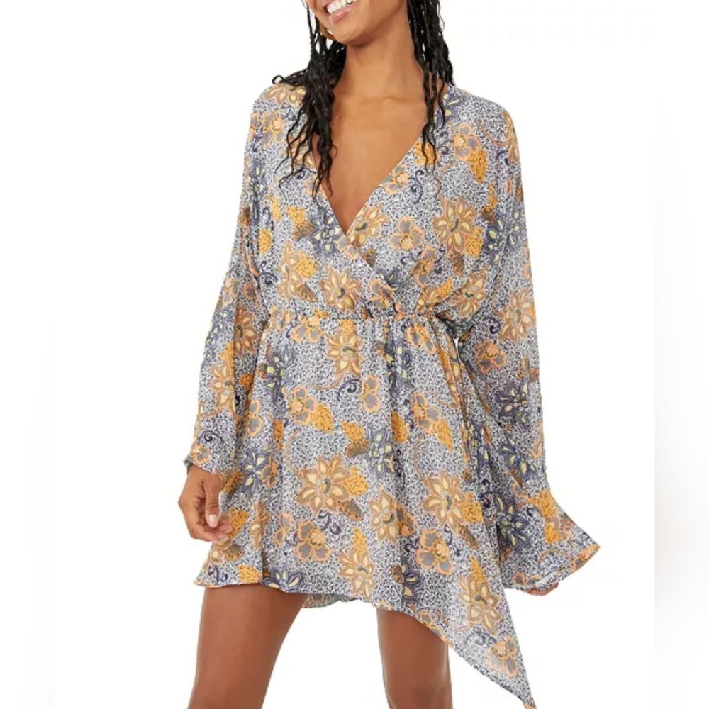 Free People Mini Dress Sky Combo Floral Teegan Long Sleeve